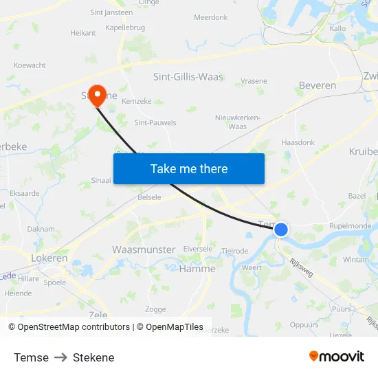 Temse to Stekene map