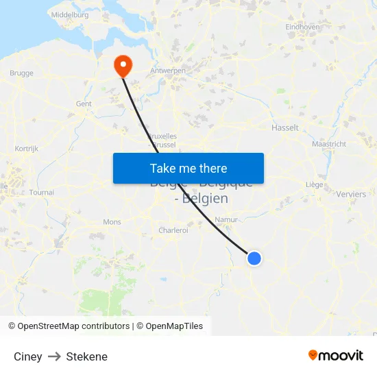 Ciney to Stekene map