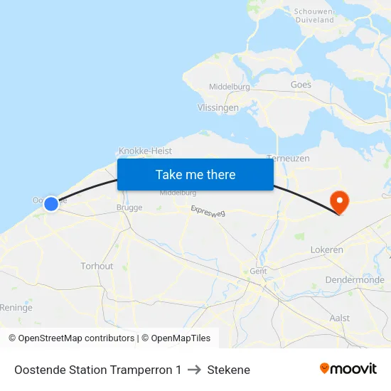 Oostende Station Tram Platform 1 to Stekene map