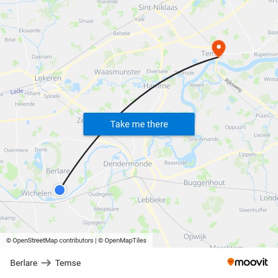 Berlare to Temse map