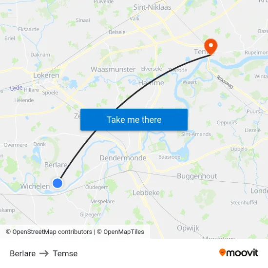 Berlare to Temse map