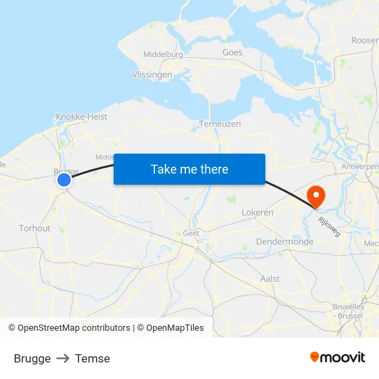 Brugge to Temse map