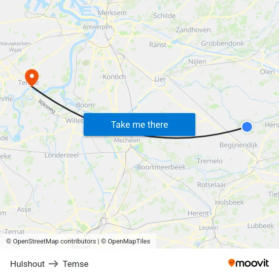 Hulshout to Temse map