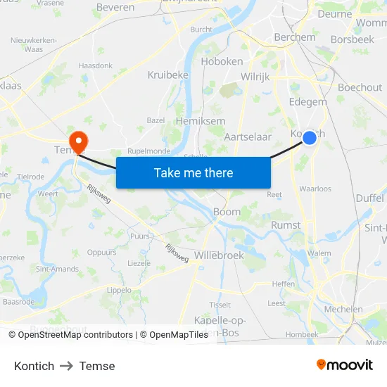 Kontich to Temse map