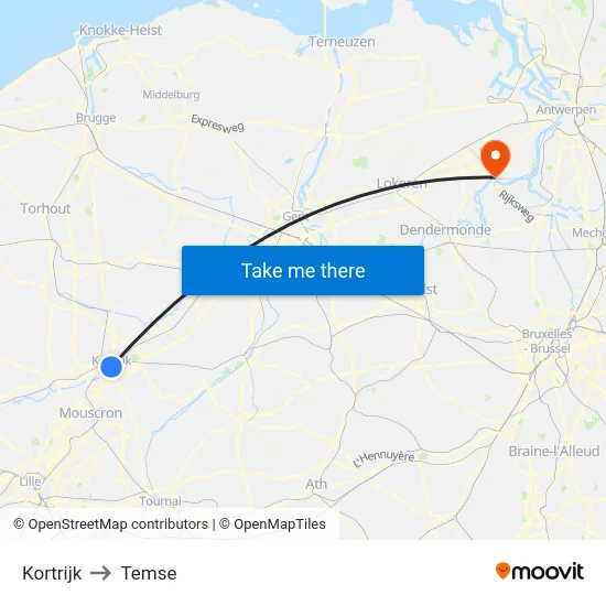 Kortrijk to Temse map