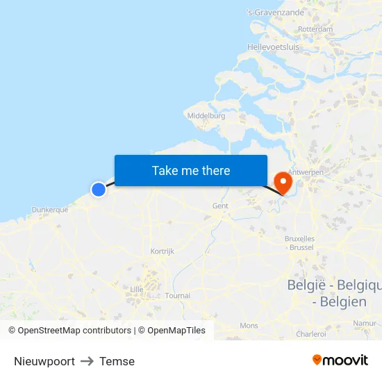 Nieuwpoort to Temse map