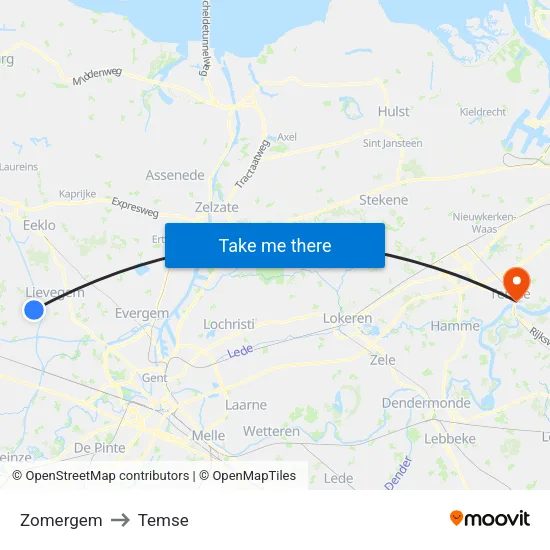 Zomergem to Temse map