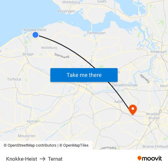 Knokke-Heist to Ternat map