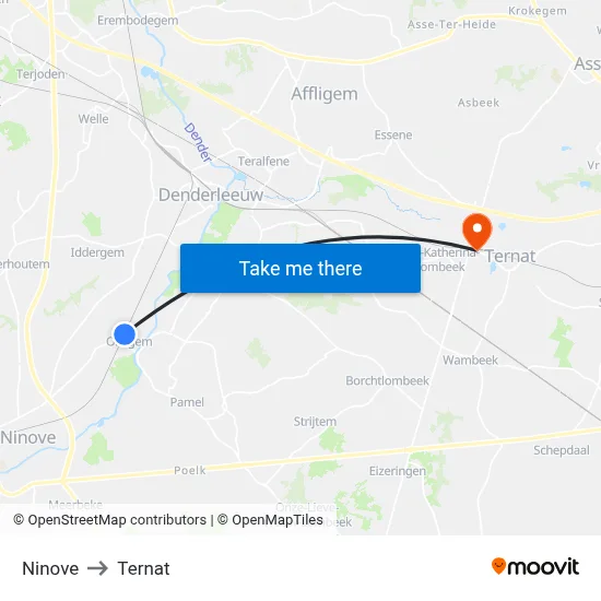 Ninove to Ternat map