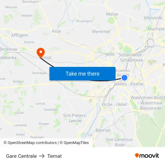 Gare Centrale to Ternat map