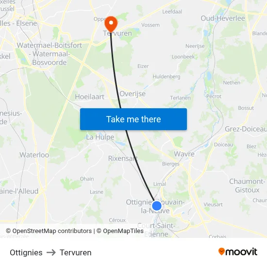 Ottignies to Tervuren map