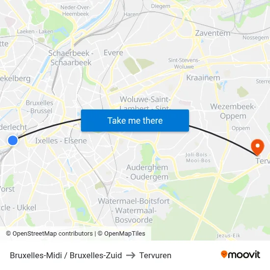Bruxelles-Midi / Bruxelles-Zuid to Tervuren map