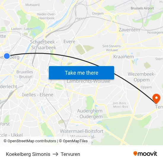 Koekelberg Simonis to Tervuren map
