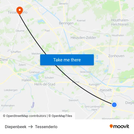 Diepenbeek to Tessenderlo map