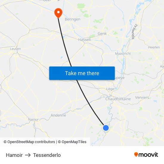 Hamoir to Tessenderlo map