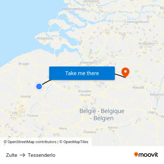 Zulte to Tessenderlo map