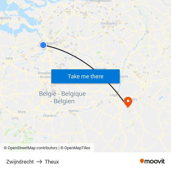 Zwijndrecht to Theux map