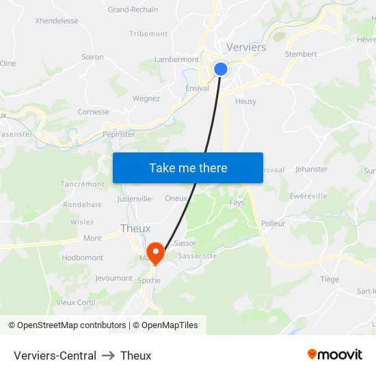 Verviers-Central to Theux map