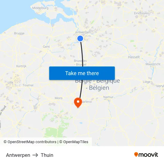 Antwerpen to Thuin map