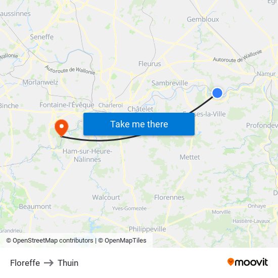 Floreffe to Thuin map