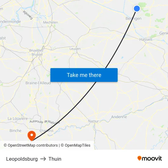 Leopoldsburg to Thuin map