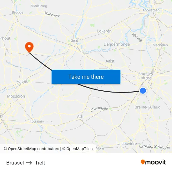 Brussels to Tielt map