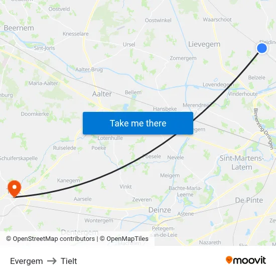 Evergem to Tielt map