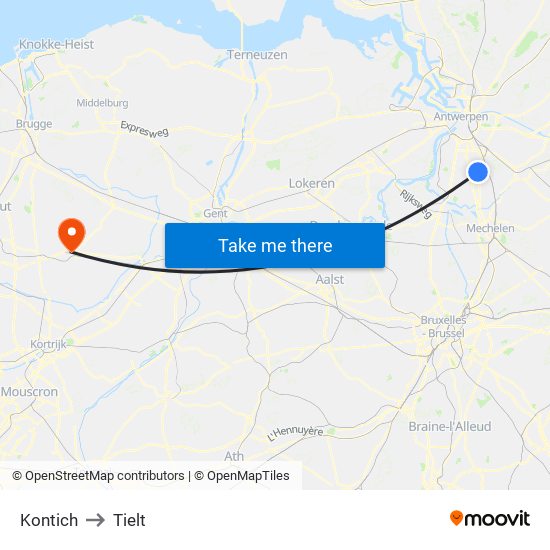 Kontich to Tielt map