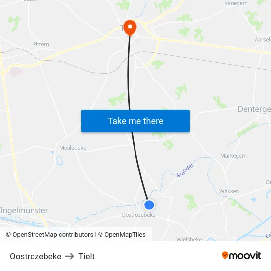 Oostrozebeke to Tielt map