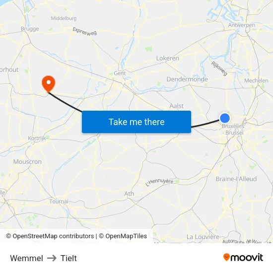 Wemmel to Tielt map