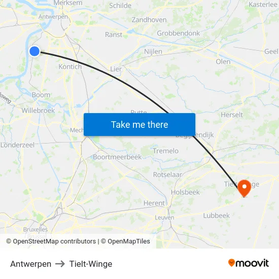 Antwerpen to Tielt-Winge map
