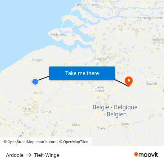 Ardooie to Tielt-Winge map