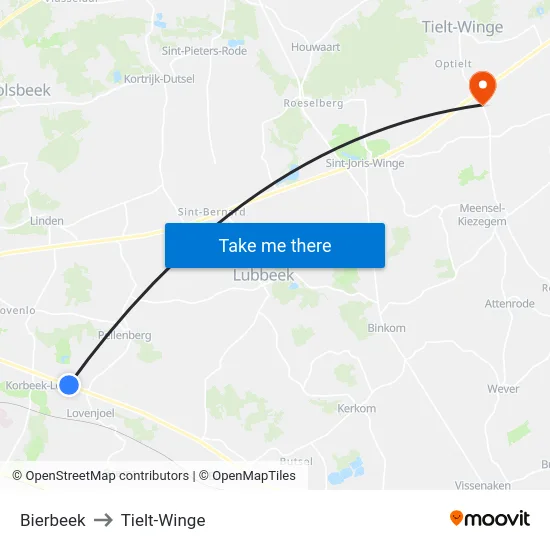Bierbeek to Tielt-Winge map