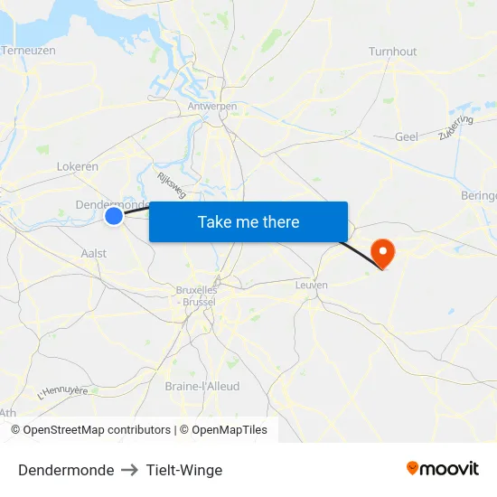 Dendermonde to Tielt-Winge map