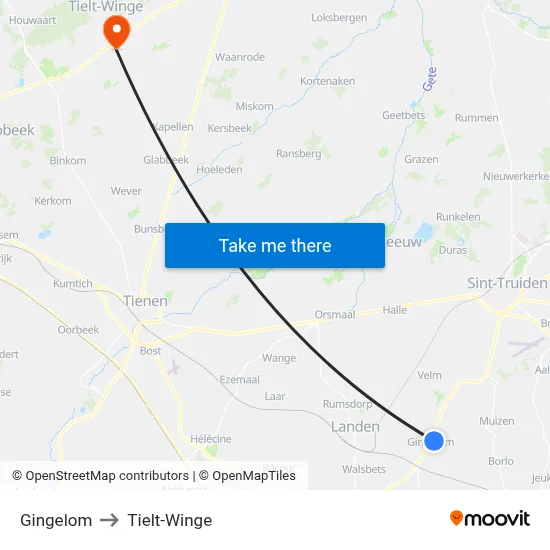 Gingelom to Tielt-Winge map