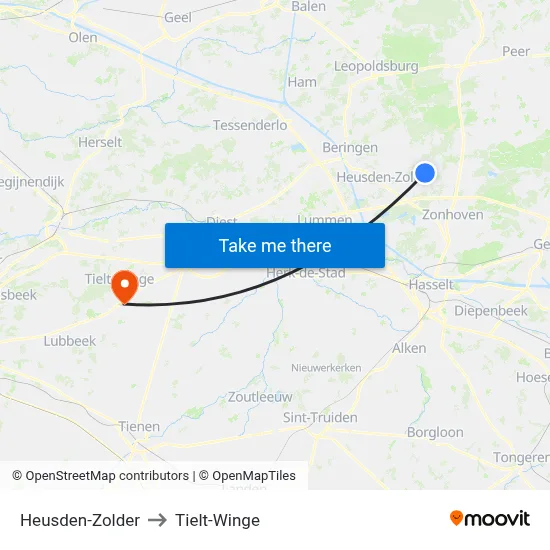 Heusden-Zolder to Tielt-Winge map