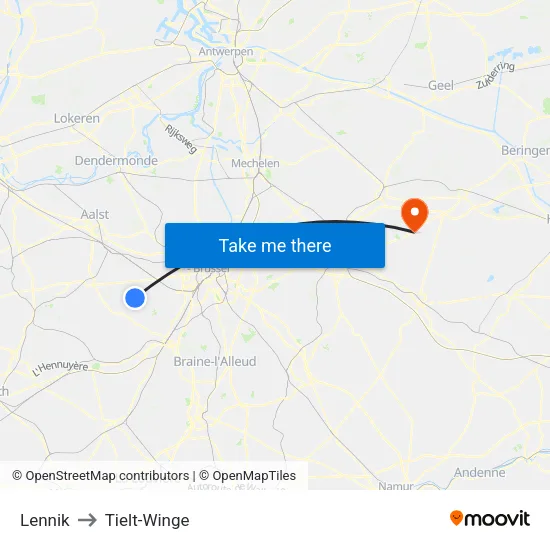 Lennik to Tielt-Winge map