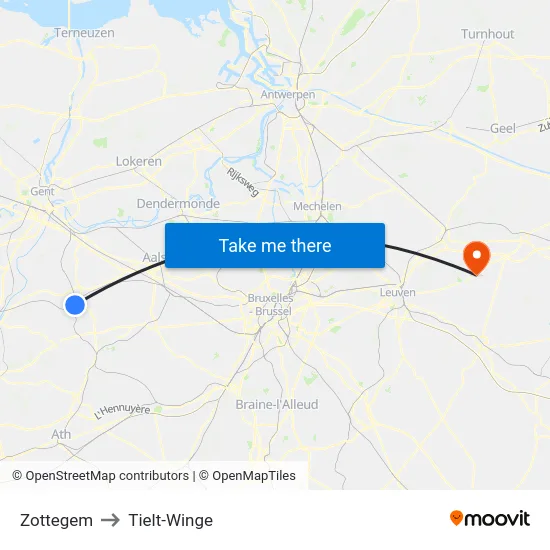 Zottegem to Tielt-Winge map