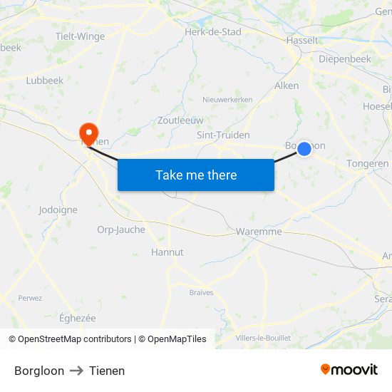 Borgloon to Tienen map