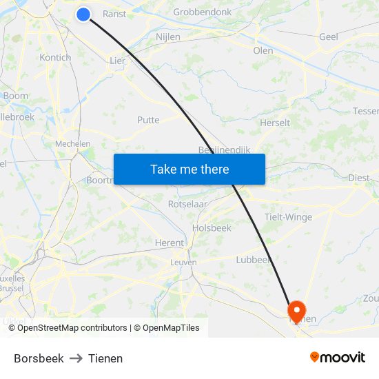 Borsbeek to Tienen map
