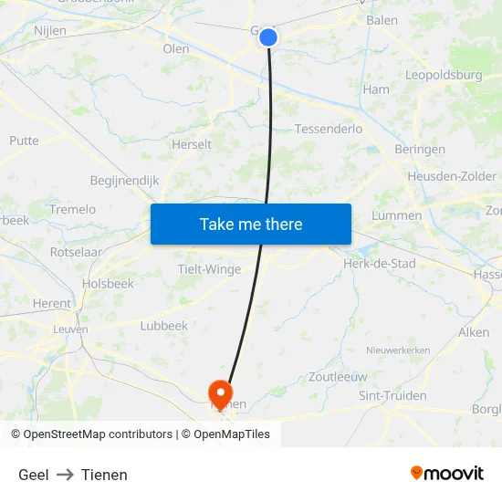 Geel to Tienen map
