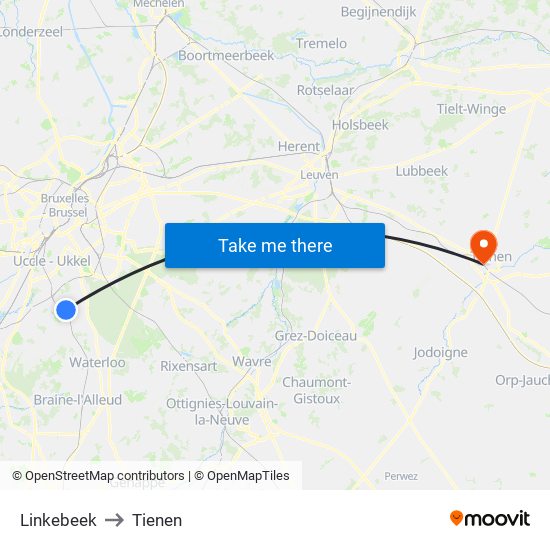 Linkebeek to Tienen map