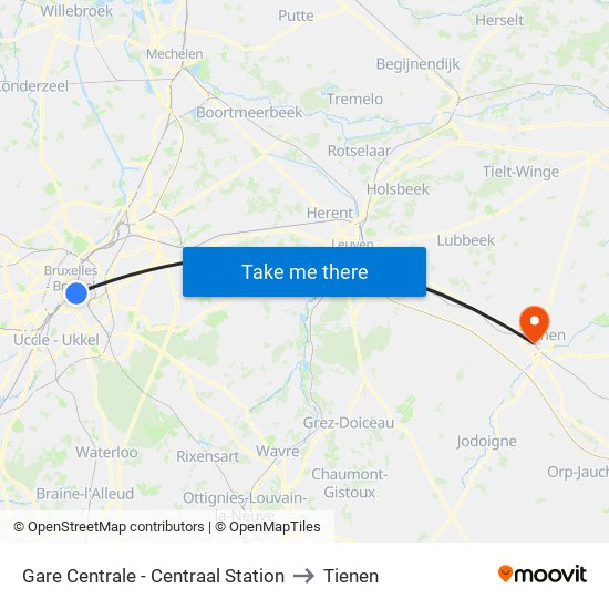 Gare Centrale - Centraal Station to Tienen map