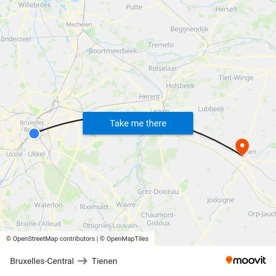 Bruxelles-Central to Tienen map