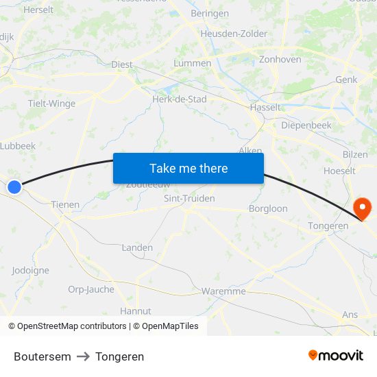 Boutersem to Tongeren map