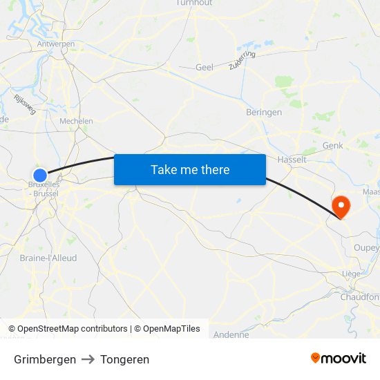 Grimbergen to Tongeren map