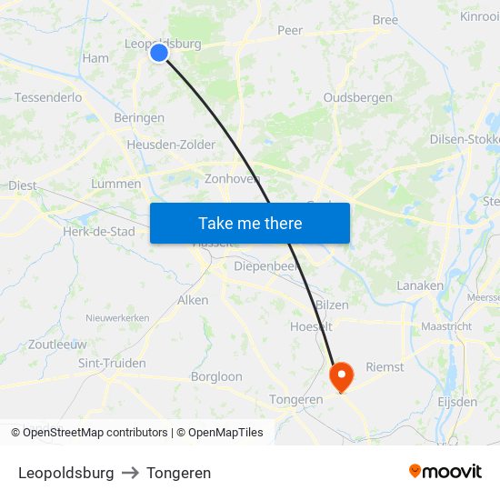 Leopoldsburg to Tongeren map
