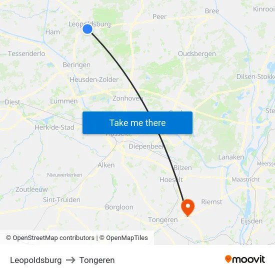 Leopoldsburg to Tongeren map