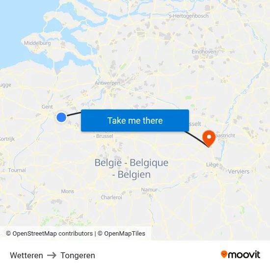 Wetteren to Tongeren map