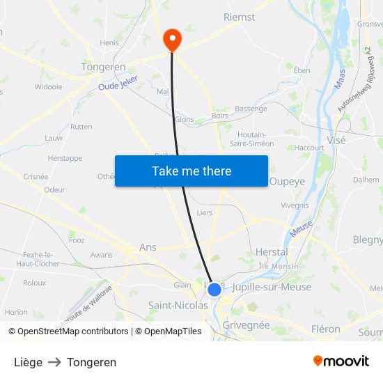 Liège to Tongeren map